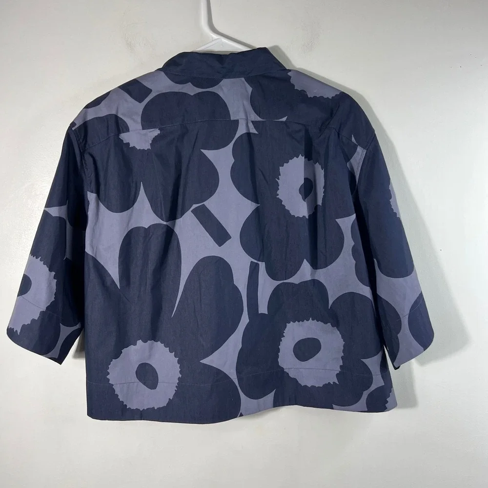 Marimekko Kiertorata Unikko Navy Blue Floral Boxy Button Down Top Size 38